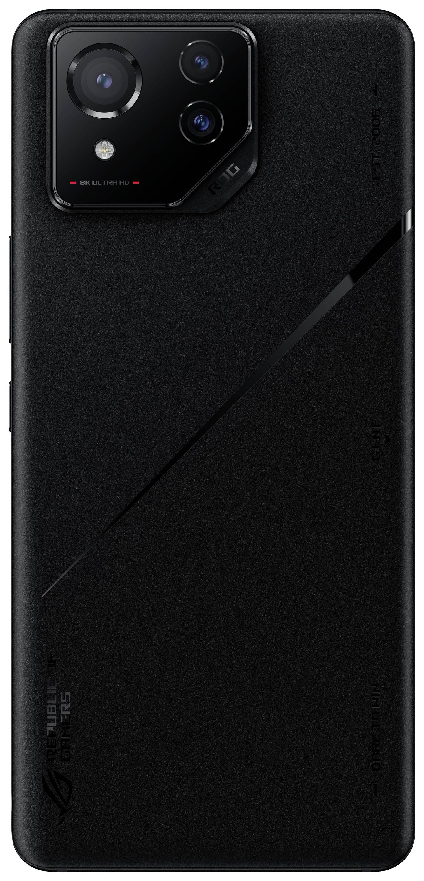 Schwarzes Smartphone mit drei Kameralinsen und LED-Blitz auf der Rückseite.