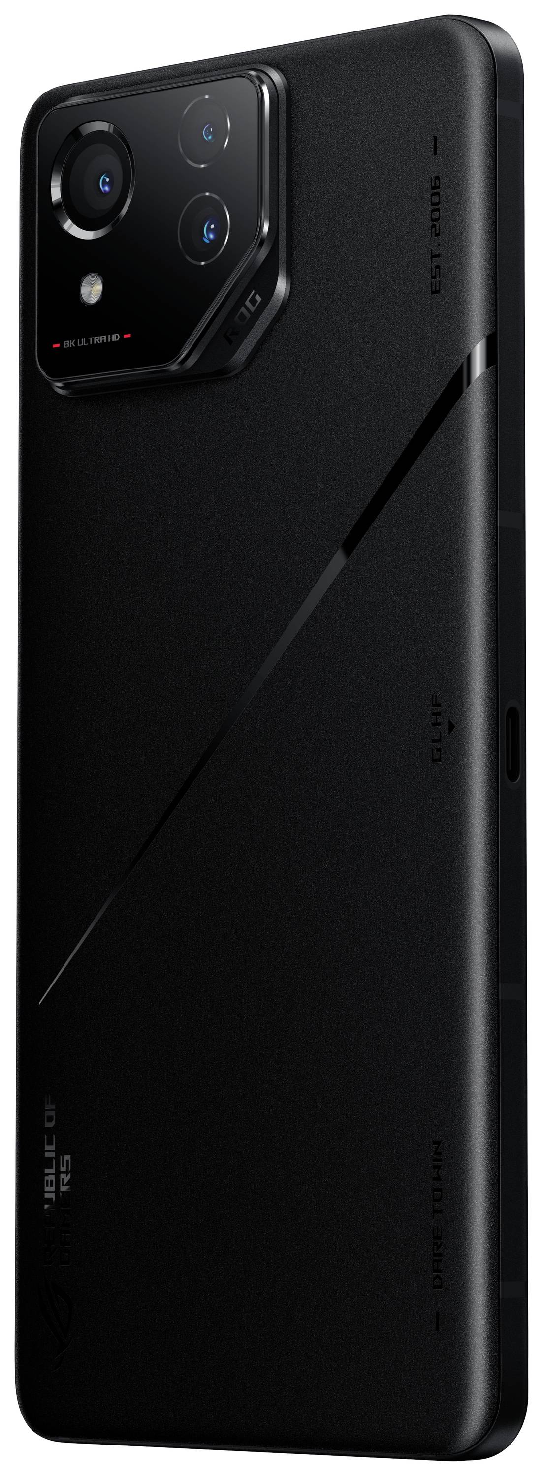 Ein schwarzes Smartphone von hinten mit einem auffälligen Kameramodul in der oberen linken Ecke. Designlinien betonen die Rückseite.