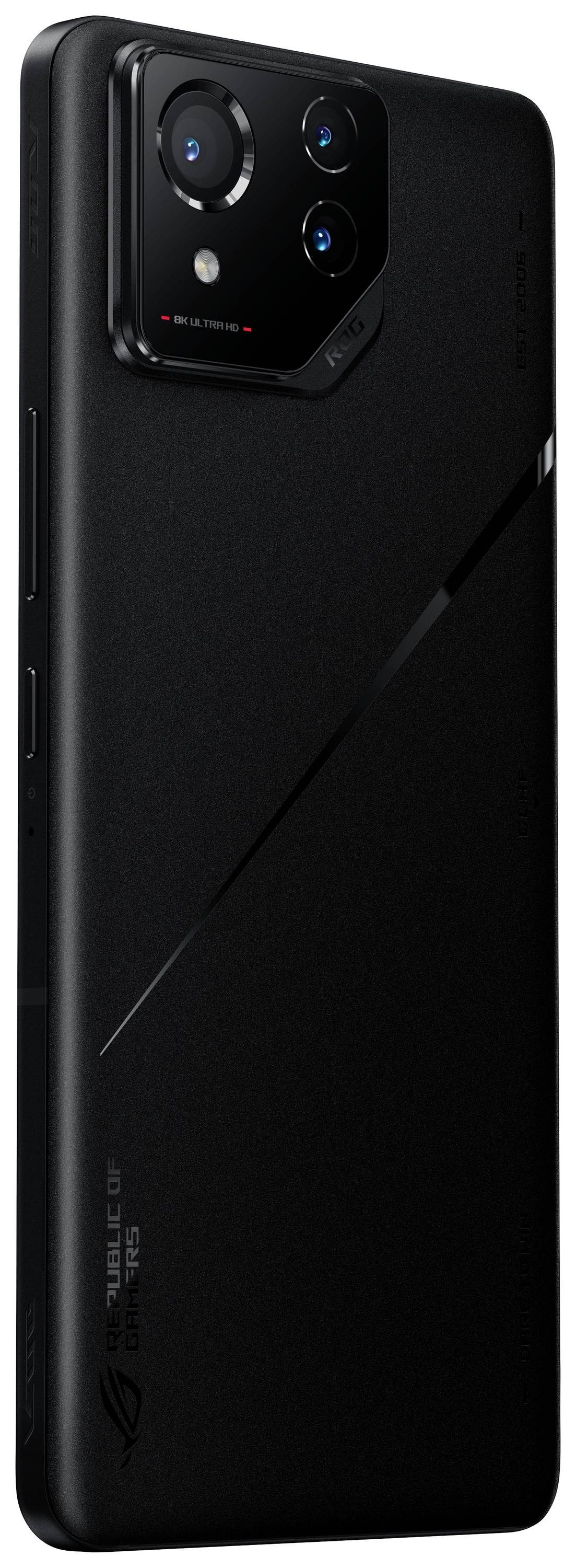 Smartphone mit schwarzem Gehäuse, markantem Kameramodul, drei Linsen und Blitz. Das Design wirkt modern und schlank.