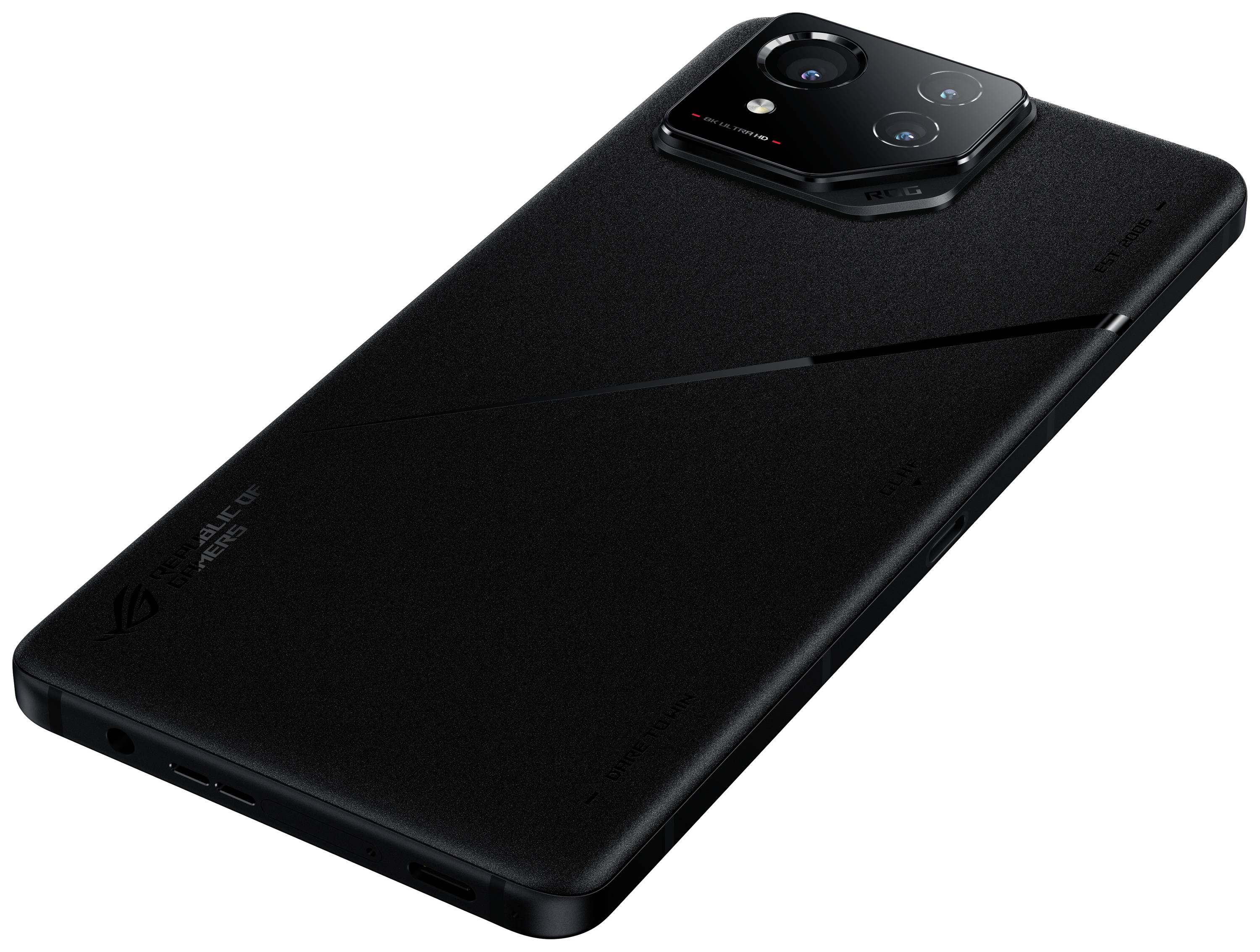 Schwarzes Smartphone mit markantem Kamera-Modul auf der Rückseite, schräg fotografiert. Fokus auf das Kameradesign und Gerätform.