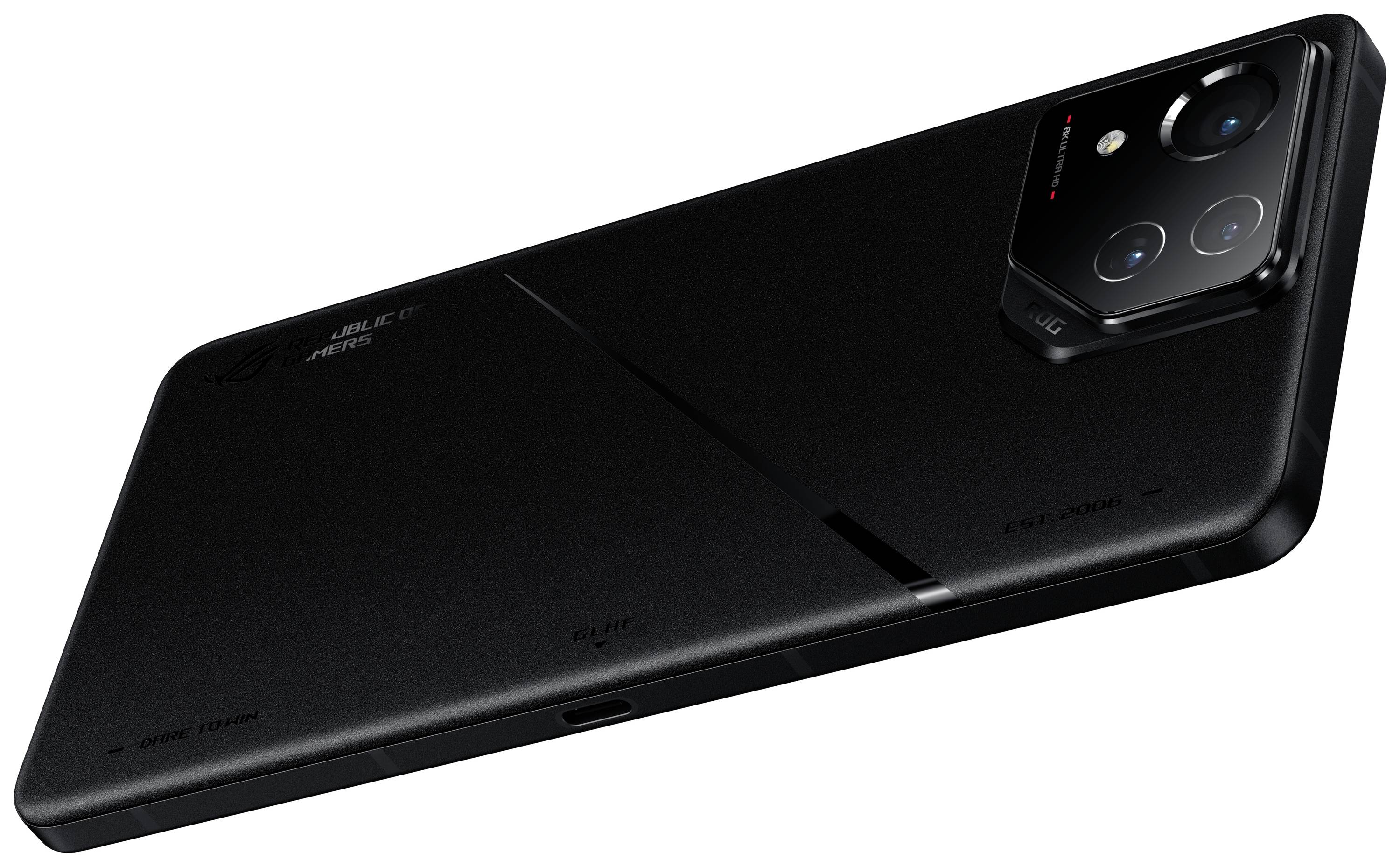 Ein schwarzes Smartphone mit auffälliger Kamera auf der Rückseite liegt schräg dar.