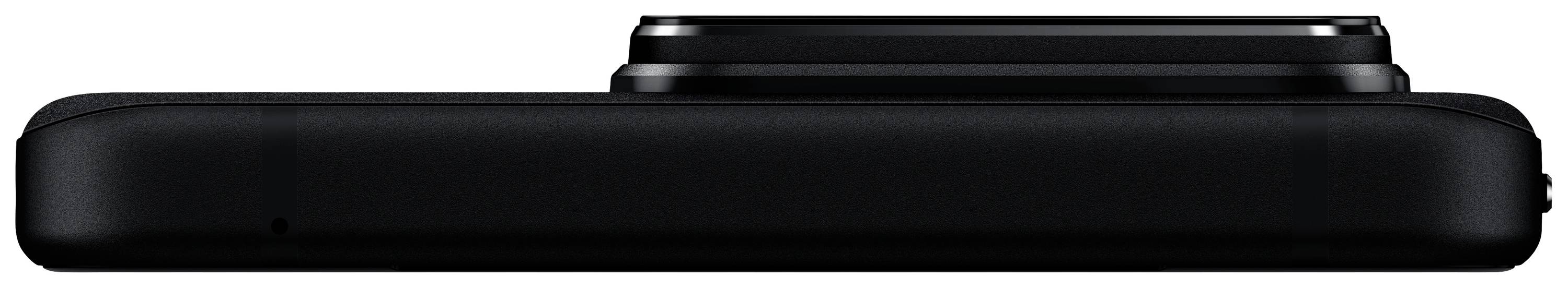 Die Seitenansicht eines schwarzen, flachen Smartphones mit hervorstehendem Kameramodul auf der Oberseite.