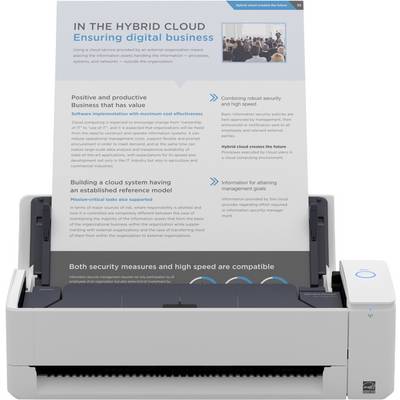 Ein Scanner verarbeitet ein Dokument mit dem Titel "IN DER HYBRIDEN CLOUD: Sicherstellung digitaler Geschäftsprozesse", das Cloud-Systeme und Sicherheitsmaßnahmen behandelt.