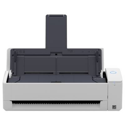 Ein kompakter weißer und schwarzer Scanner mit einem offenen Papierfach, entwickelt für effizientes Dokumentenscannen.