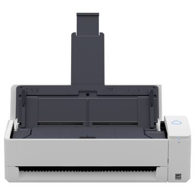 Ein weißer und dunkelgrauer Dokumentenscanner mit einer geöffneten Papierschale und blauem Einschaltknopf, bereit zum Scannen mehrerer Seiten.