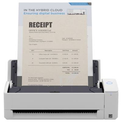 Ein Dokumentenscanner wirft einen Beleg von 'Office Goods Ltd' aus, der Kaufdetails zeigt: Bürostühle und Dokumentenschlitze, mit einer Gesamtsumme von 1.936,90 $.
