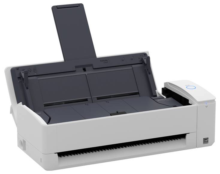 Ein Foto eines modernen Desktop-Dokumentenscanners mit offenem Dokumenteneinzug und Bedienungstaste, der für effizientes Papierscannen konzipiert ist.