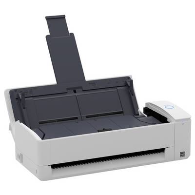 Ein weißer Bürodokumentscanner mit einem offenen Papierfach und einem blauen Einschaltknopf, geeignet für schnelles Scannen.