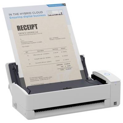 Ein Scanner scannt ein Dokument mit der Überschrift „QUITTUNG" mit Artikeldetails und Gesamtbetrag. Eine Anzeige darüber liest „Sicherung digitaler Geschäfte".