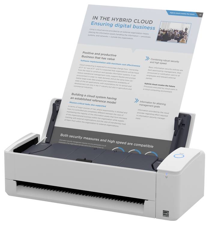 Ein Desktop-Scanner mit einem Blatt mit der Überschrift "Im Hybrid-Cloud: Sicherung des digitalen Geschäfts", das Cloud-Integration und Sicherheitsvorteile erörtert.