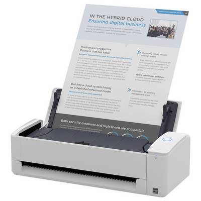 Ein Desktop-Scanner mit einem Blatt mit der Überschrift "Im Hybrid-Cloud: Sicherung des digitalen Geschäfts", das Cloud-Integration und Sicherheitsvorteile erörtert.