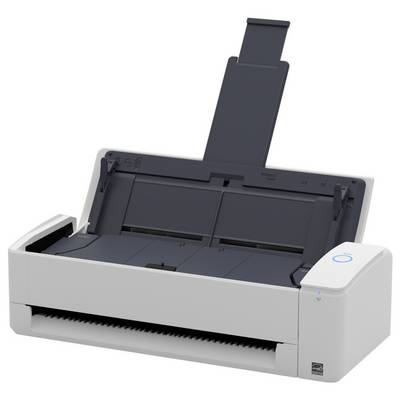 Ein Blatteinzugs-Dokumentenscanner mit Papierfach und Steuerungstaste, konzipiert für den Bürogebrauch.