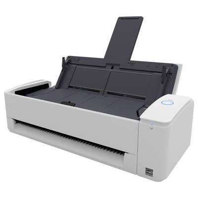 Ein Desktop-Scanner mit offenem Deckel und Dokumenteneinzug, mit einer prominent platzierten Ein/Aus-Taste auf der rechten Seite.