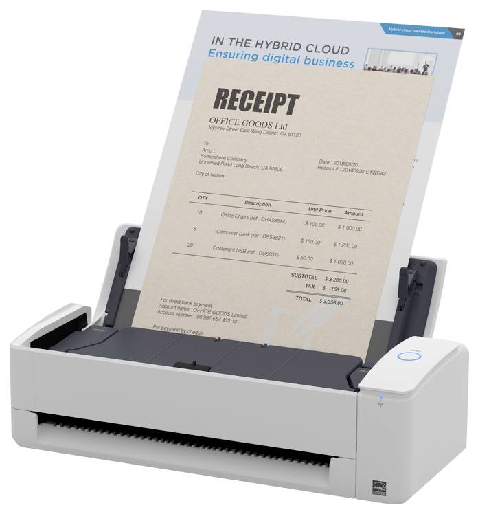 Ein Scanner verarbeitet einen Beleg von „Office Goods Ltd", der Käufe wie Bürostühle und Bürobedarf auflistet, mit einer Gesamtsumme von 1.236,00 EUR.