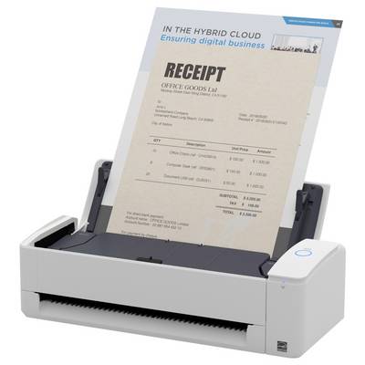 Ein Scanner verarbeitet einen Beleg von „Office Goods Ltd", der Käufe wie Bürostühle und Bürobedarf auflistet, mit einer Gesamtsumme von 1.236,00 EUR.