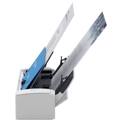 Ein weißer Scanner, durch den blaue und graue Dokumente geführt werden, der seine Dokumentenscannerfunktion demonstriert.