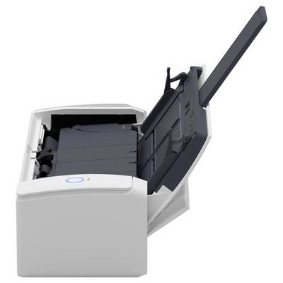Ein weißer, offener Scanner mit einer Steuerungstaste, bereit zum Scannen von Dokumenten.