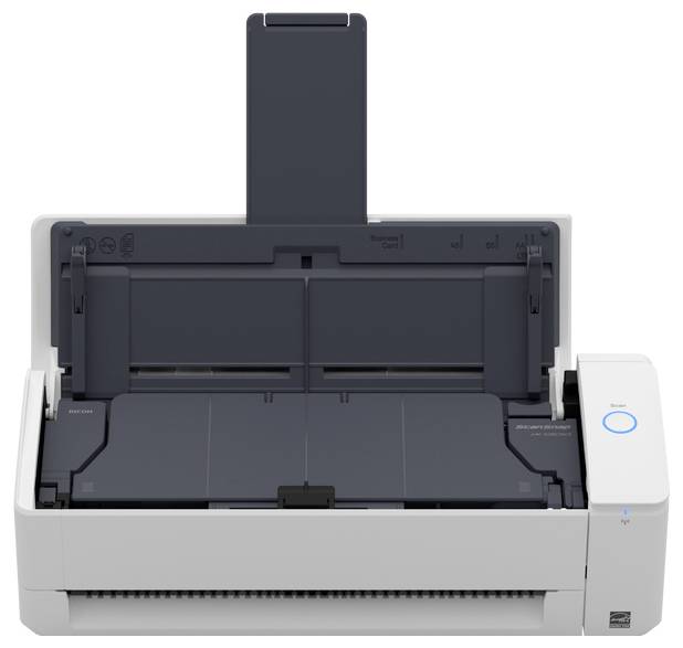 Ein weißer und grauer Desktop-Dokumentenscanner mit offenem Deckel, der den Papierschacht und den Einzugsbereich zeigt, entwickelt für effizientes Dokumentenscannen.