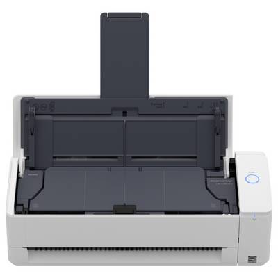 Ein weißer und grauer Desktop-Dokumentenscanner mit offenem Deckel, der den Papierschacht und den Einzugsbereich zeigt, entwickelt für effizientes Dokumentenscannen.