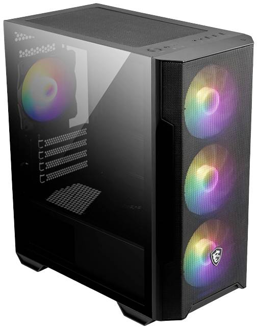 Schwarzes Computergehäuse mit transparentem Seitenfenster und drei vorderen Lüftern mit RGB-Beleuchtung.
