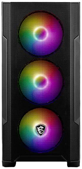 Schwarzes PC-Gehäuse mit drei leuchtenden RGB-Lüftern auf der Vorderseite, die in Regenbogenfarben leuchten. Oben ist ein Logo sichtbar.