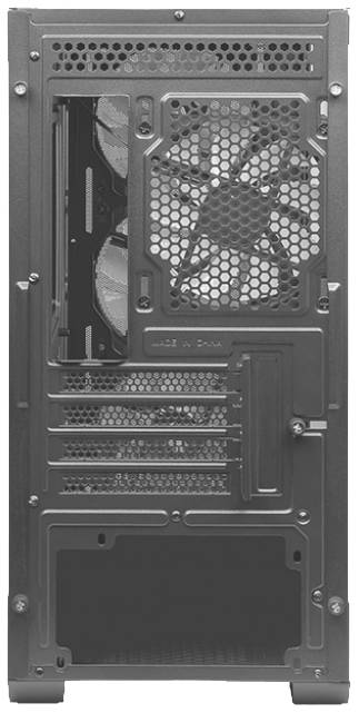 Rückseite eines Computergehäuses mit Lüfteröffnung, Erweiterungsslots und Belüftungsgittern.