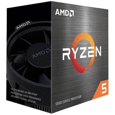 AMD Ryzen 5 Prozessorverpackung. Vorderseite zeigt Logo und Text '5000 Series Processor'. Dunkles Design mit orangem Akzent.