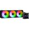 Ein Computerkühlsystem mit drei leuchtenden RGB-Lüftern und einer Anzeige mit Temperaturanzeige.