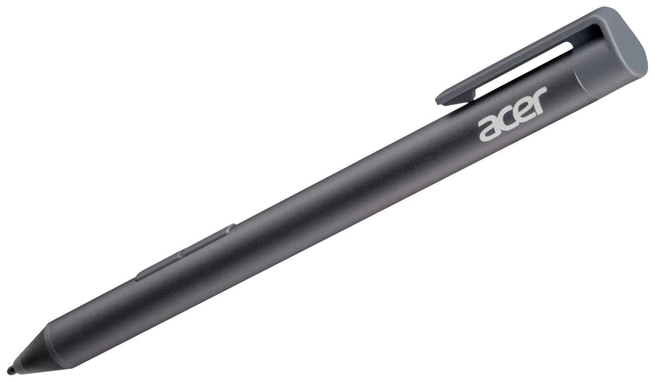 Schwarzer Acer-Stylus mit Clip, geeignet für Touchscreen-Geräte, seitliche Knöpfe zur Funktionseinstellung.