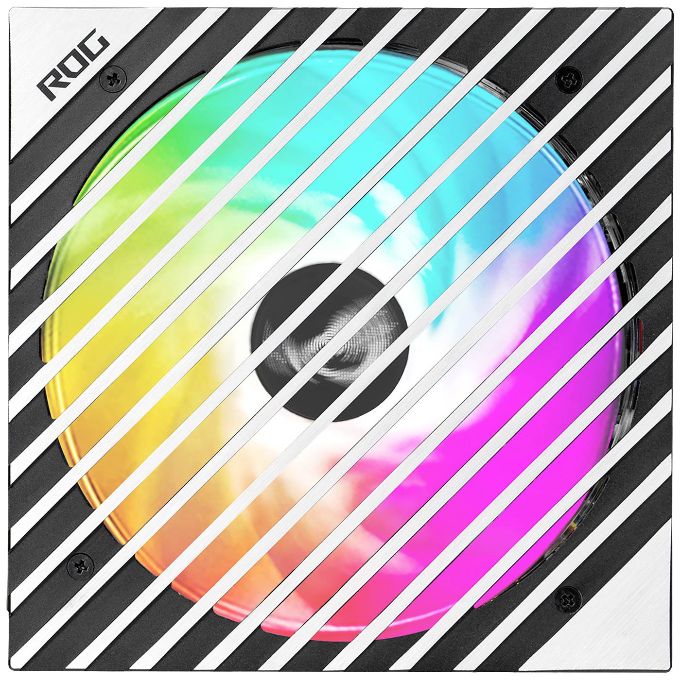 Computerlüfter mit bunten LED-Lichtern in Regenbogenfarben auf silbernem Hintergrund, diagonale Gitterabdeckung oben.