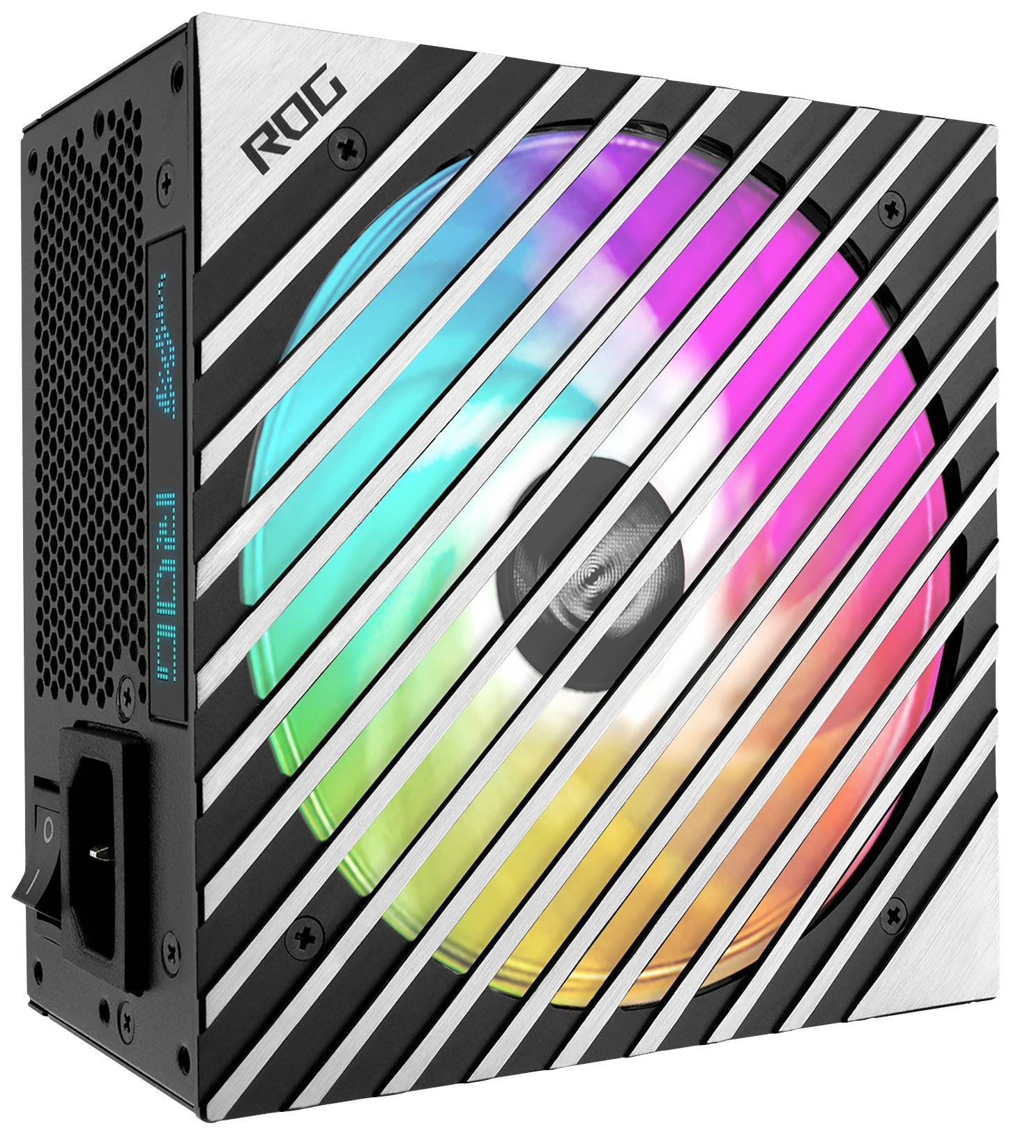 Ein Computernetzteil mit einem großen, bunten LED-Lüfter und Metallgitter. Das Design ist modern mit diagonalem Streifenmuster.