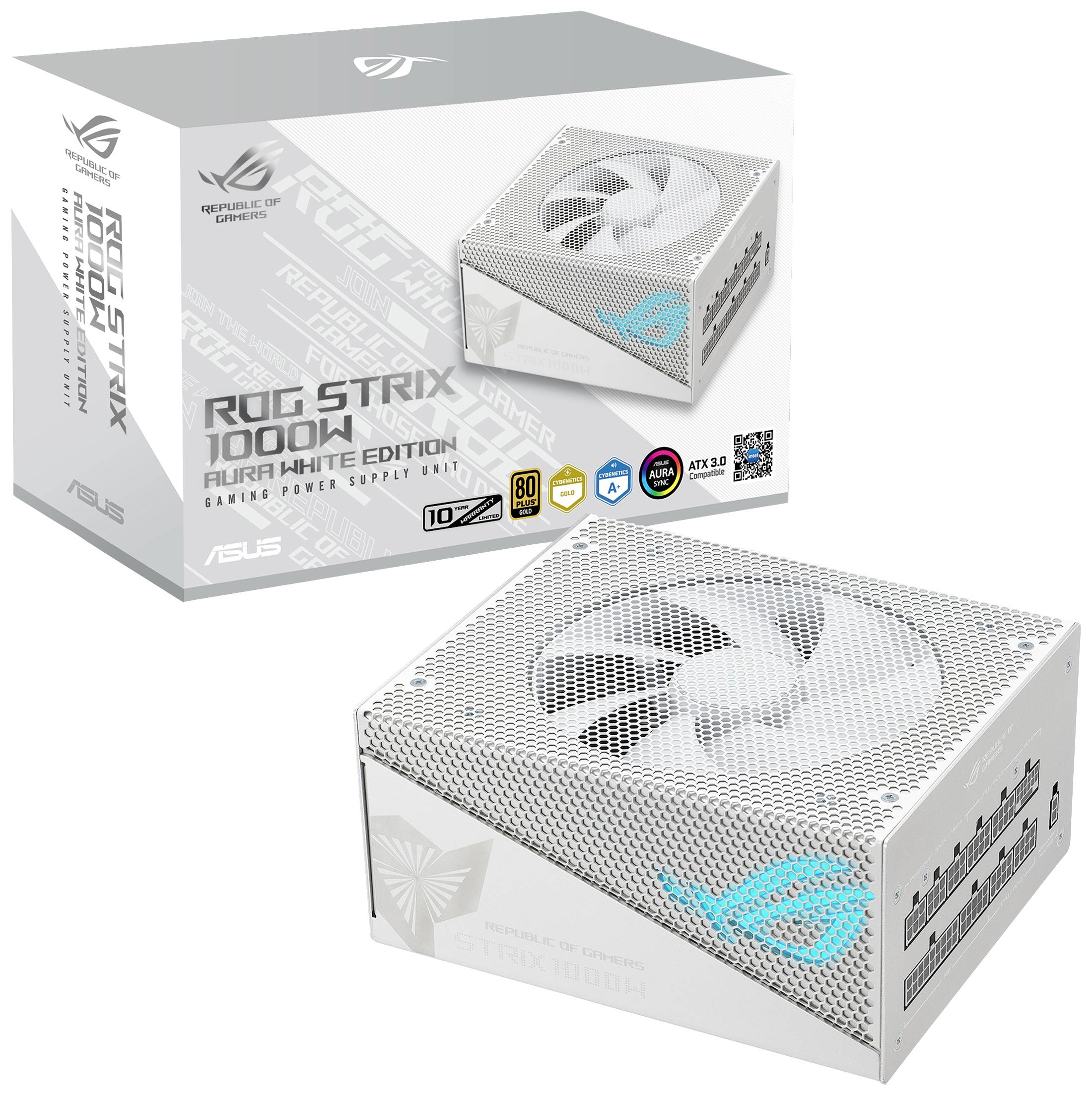 Weiße PC-Netzteilverpackung 'ROG Strix 1000W'. Gezeigt: das Netzteil mit großem Ventilator und ROG Logo. Effizienz- und technologische Auszeichnungen darauf abgebildet.