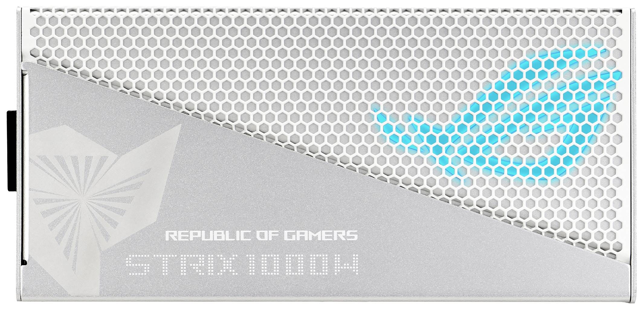 Eine silberne Computer-Grafikkarte mit dem 'Republic of Gamers'-Logo und einem blauen, stilisierten Symbol auf der rechten Seite.