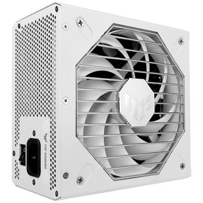 Weißes Computer-Netzteil mit Lüfter und TUF Gaming-Logo, geeignet für PC-Hardware.