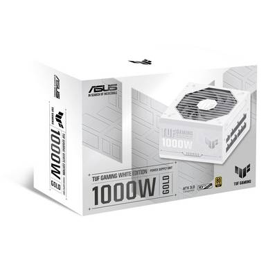 Weiße Verpackung einer ASUS TUF Gaming 1000W Gold Netzteil-Einheit. Enthält Spezifikationen wie ATX 3.0 und 80 PLUS Gold Zertifizierung.