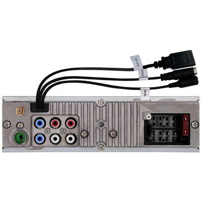 Rückansicht eines Autoradios mit verschiedenen Anschlussmöglichkeiten, darunter RCA-Buchsen, Stromanschluss und USB-Kabel.