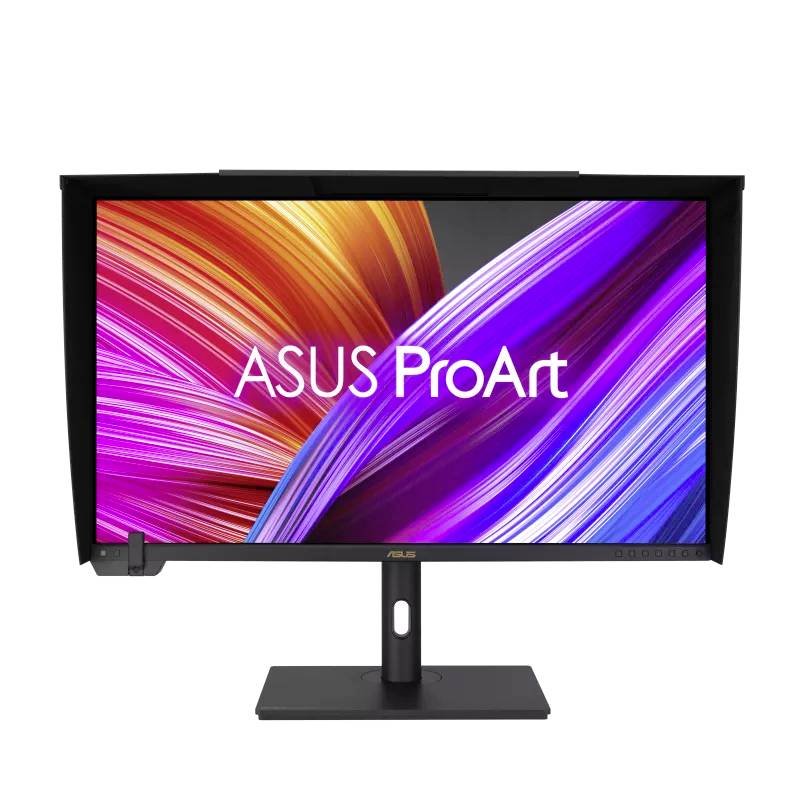 Ein ASUS ProArt Monitor mit farbenfrohem, abstrakten Hintergrund auf dem Bildschirm. Ideal für kreative und grafische Arbeiten.