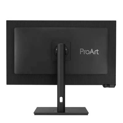 Hinteransicht eines schwarzen Computerbildschirms mit der Aufschrift 'ProArt'. Der Monitor steht auf einem stabilen, rechteckigen Standfuß.