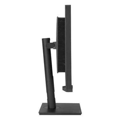 Seitenansicht eines schwarzen Computerbildschirms mit rechteckigem Standfuß, der schlankes Design zeigt.