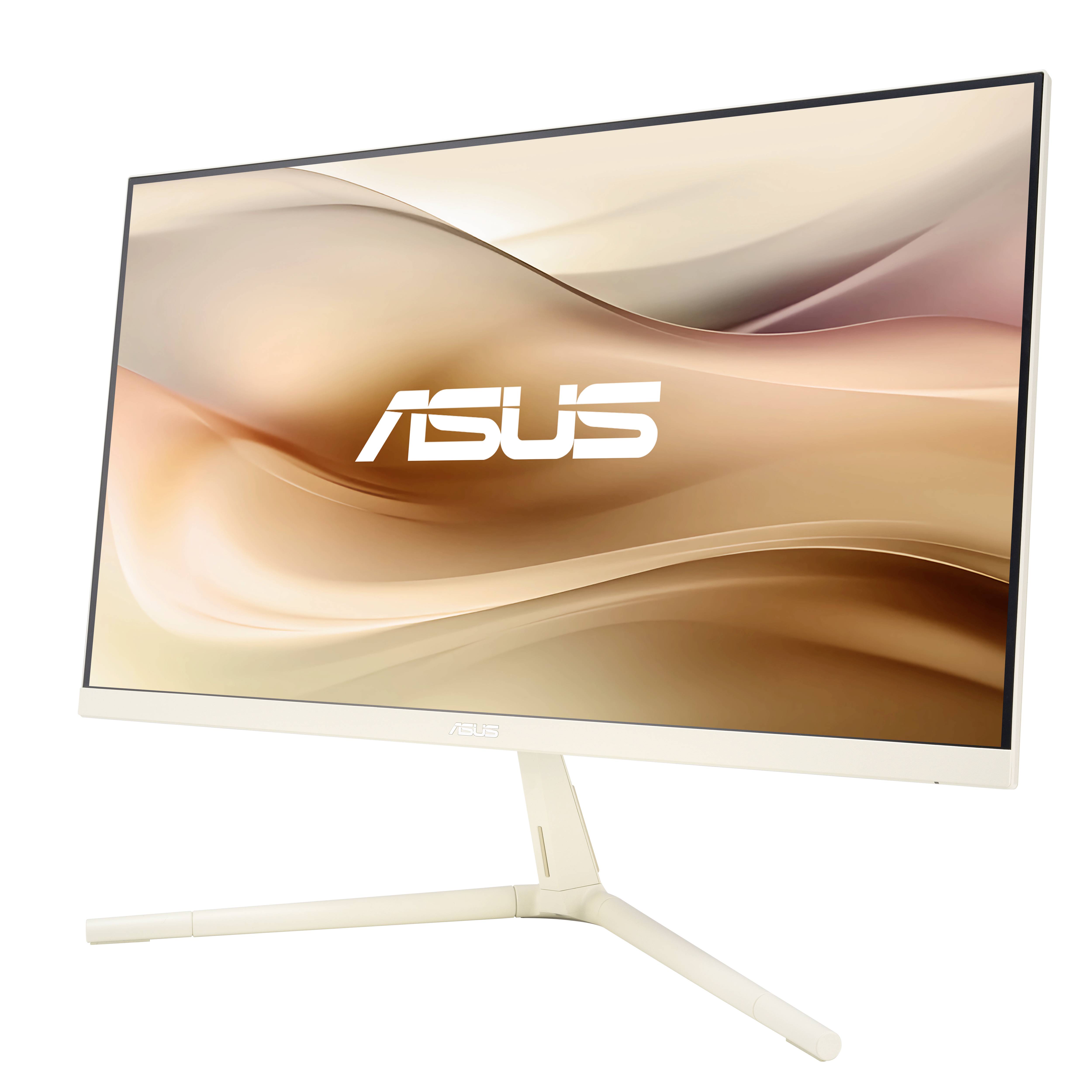Ein ASUS-Monitor mit gebogenem Display und minimalistischem, schlankem Design. Der Bildschirm zeigt ein abstraktes, wellenförmiges Motiv.