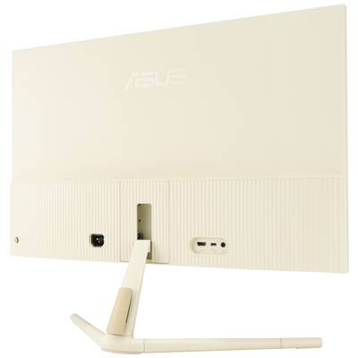 Rückansicht eines beigen Monitors mit Anschlussmöglichkeiten und Standfuß.