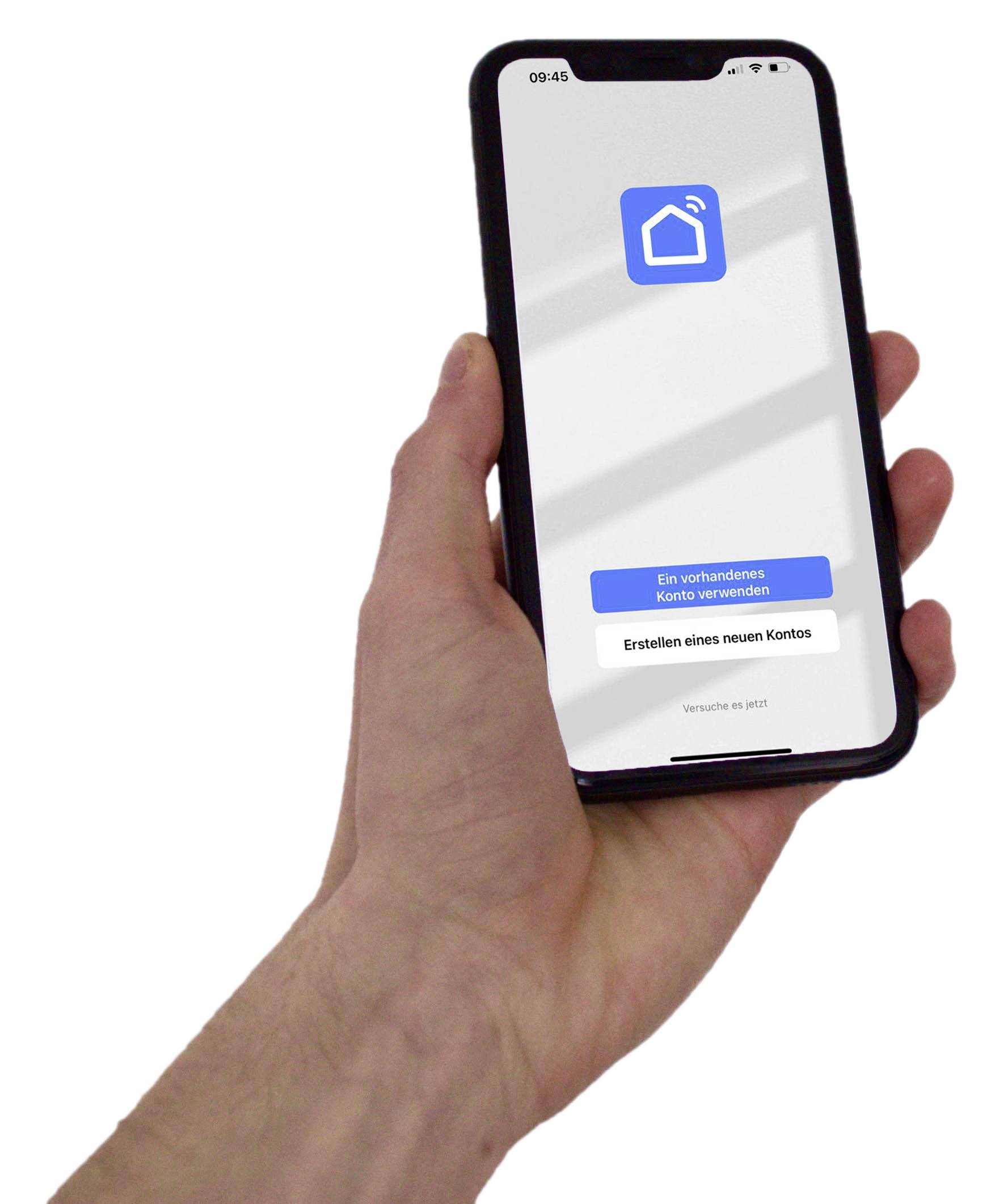 Eine Hand hält ein Smartphone, auf dem Bildschirm ist eine App mit dem Symbol eines Hauses zu sehen. Optionen zum Einloggen oder Erstellen eines Kontos sind vorhanden.