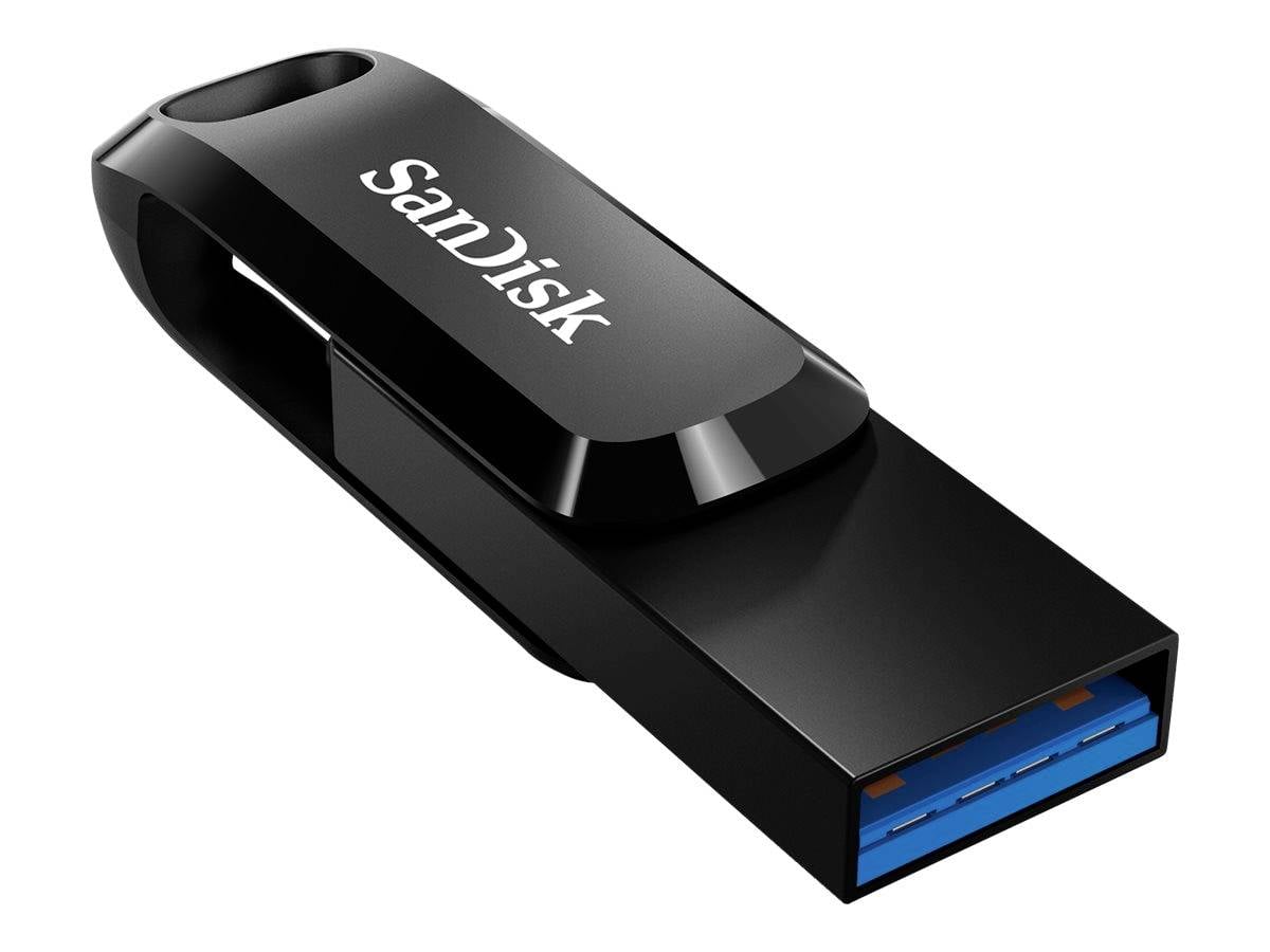 Ein schwarzer USB-Stick der Marke SanDisk mit einem blauen Anschluss.