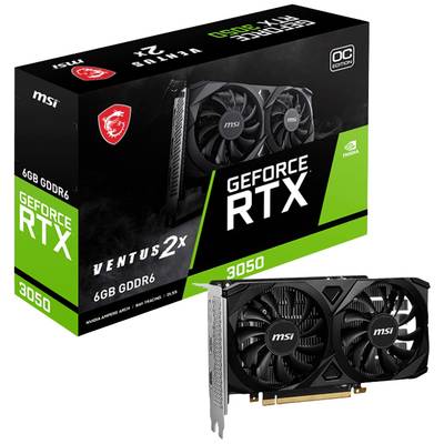 Grafikkarte MSI GeForce RTX 3050 Ventus 2X OC mit Dual-Lüfter-Design, 6GB GDDR6. Verpackung im Hintergrund.