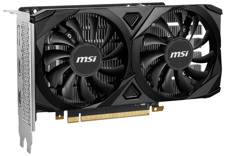 Eine schwarze MSI-Grafikkarte mit zwei Lüftern und Kühlkörper, PCIe-Anschluss.