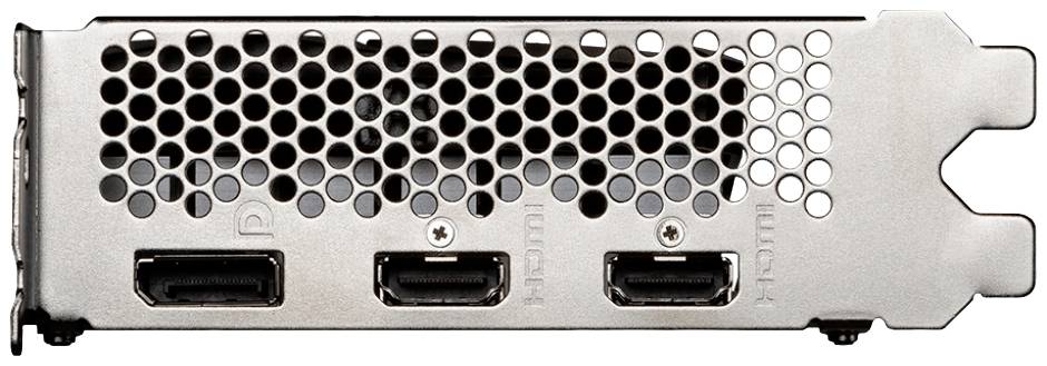 Rückseite einer Grafikkarte mit drei Display-Anschlüssen: zwei HDMI-Ports und ein DisplayPort, umgeben von einer metallischen Lochblende.