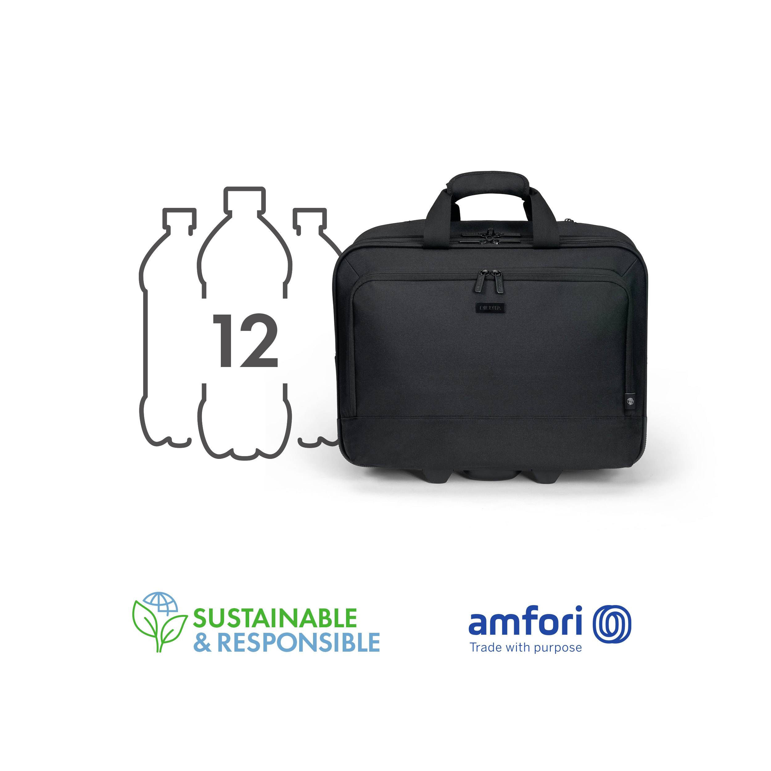 'Schwarze Laptoptasche aus 12 recycelten Plastikflaschen. Texte: "Sustainable & Responsible", "amfori", "Trade with purpose".'