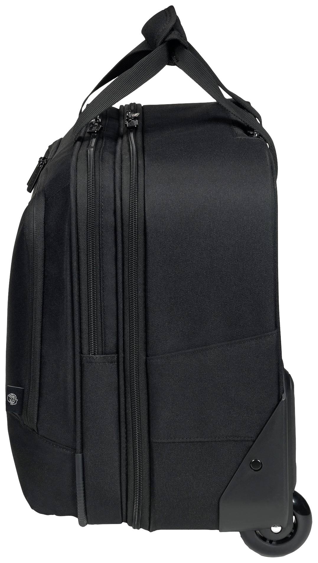 Eine schwarze Reisetasche mit Rollen und Griffen, seitlich gesehen. Ideal für den Transport von persönlichen Gegenständen auf Reisen.