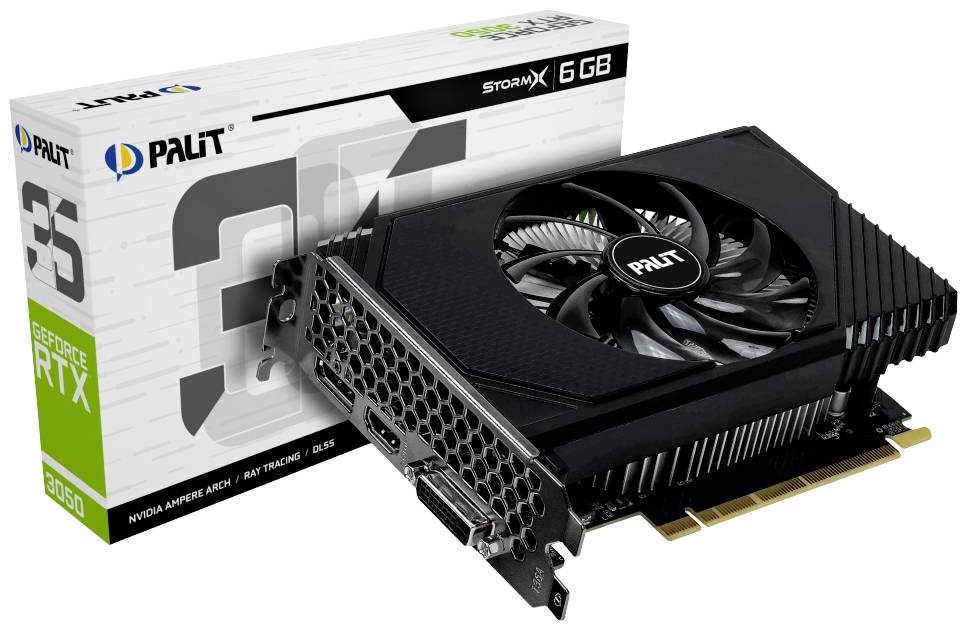 Grafikkarte Palit GeForce RTX 2060, 6 GB, mit Lüfter, neben der Produktverpackung. Verpackung betont Grafikkartenmerkmale.