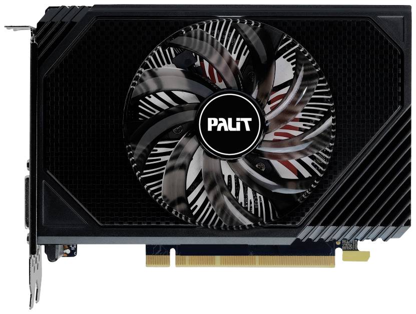 Eine schwarze Grafikkarte mit einem großen Lüfter in der Mitte, auf dem 'Palit' steht. Goldener Anschlussstreifen am unteren Rand.